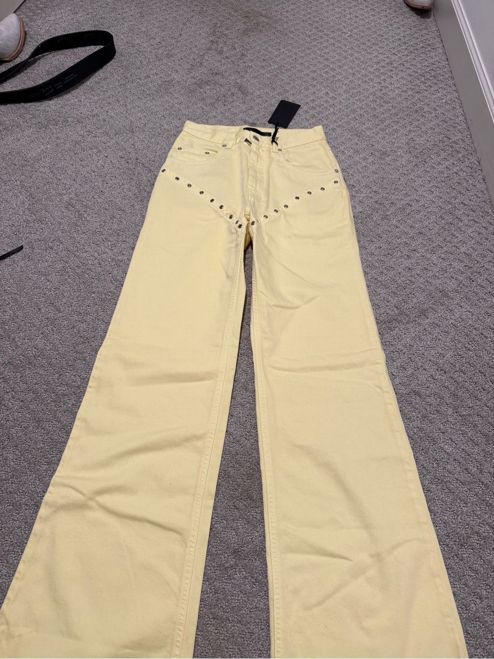 Yellow Stud-Trim Wide Leg Jeans